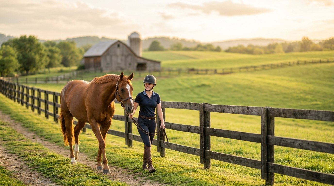A young rider in a navy jacket standing with a chestnut horse outside a barn at golden hour